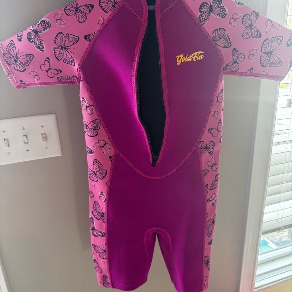 Girls' Pink Butterfly Short-Sleeve Swim Rashguard Suit